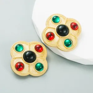 Cabochon Jewel Gold Post Earrings