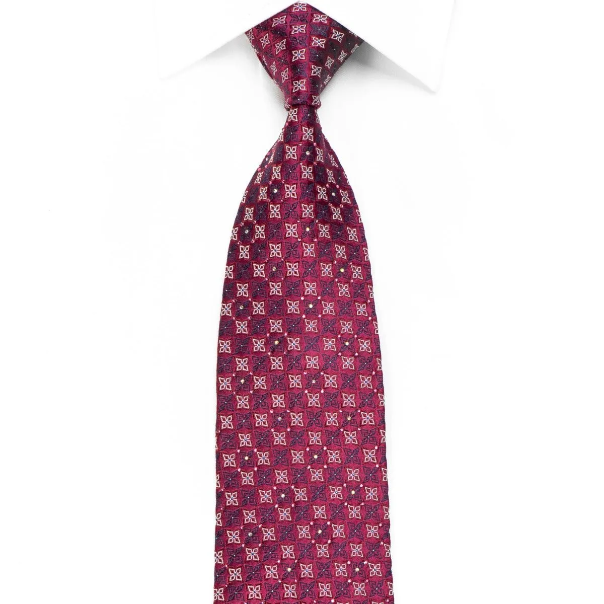 Cabrini Mens Crystal Rhinestone Silk Necktie Geometric On Burgundy With Sparkles