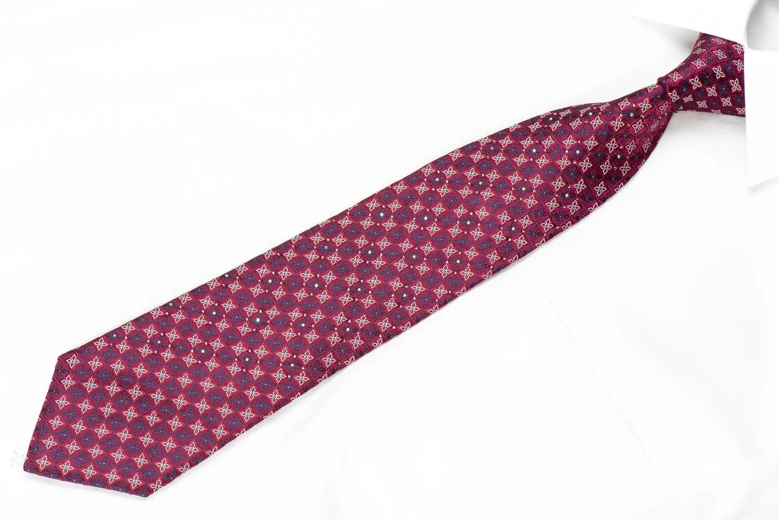 Cabrini Mens Crystal Rhinestone Silk Necktie Geometric On Burgundy With Sparkles