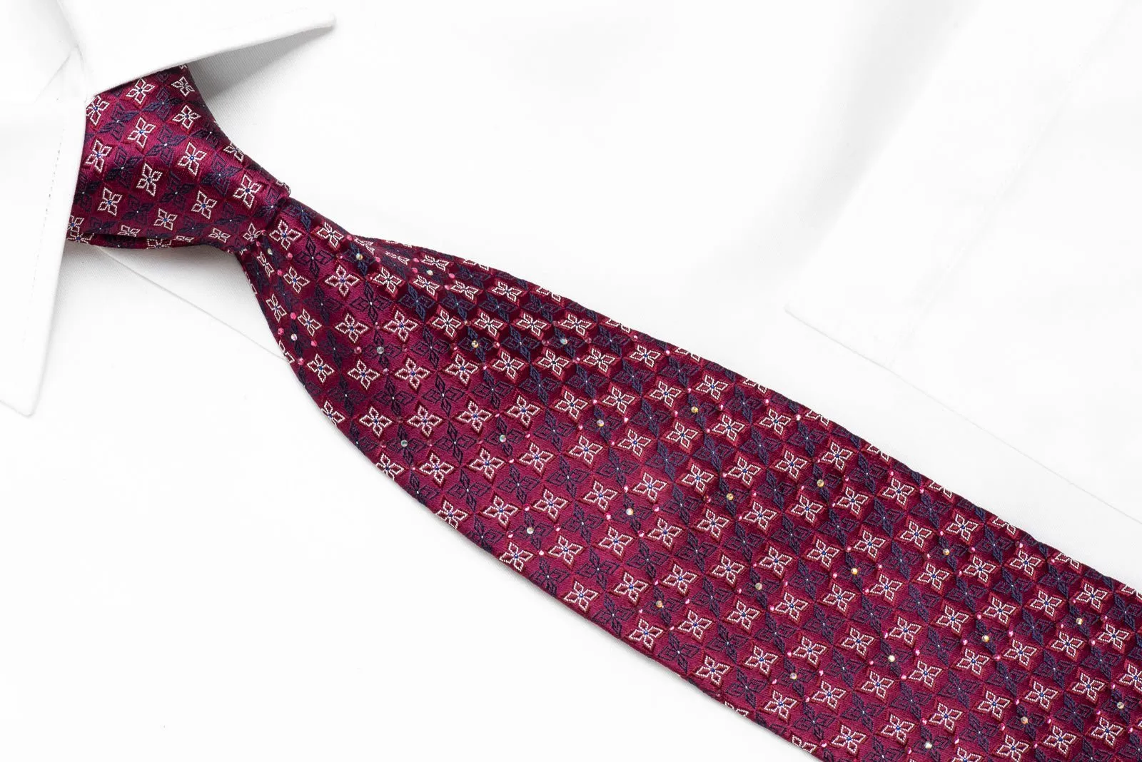 Cabrini Mens Crystal Rhinestone Silk Necktie Geometric On Burgundy With Sparkles