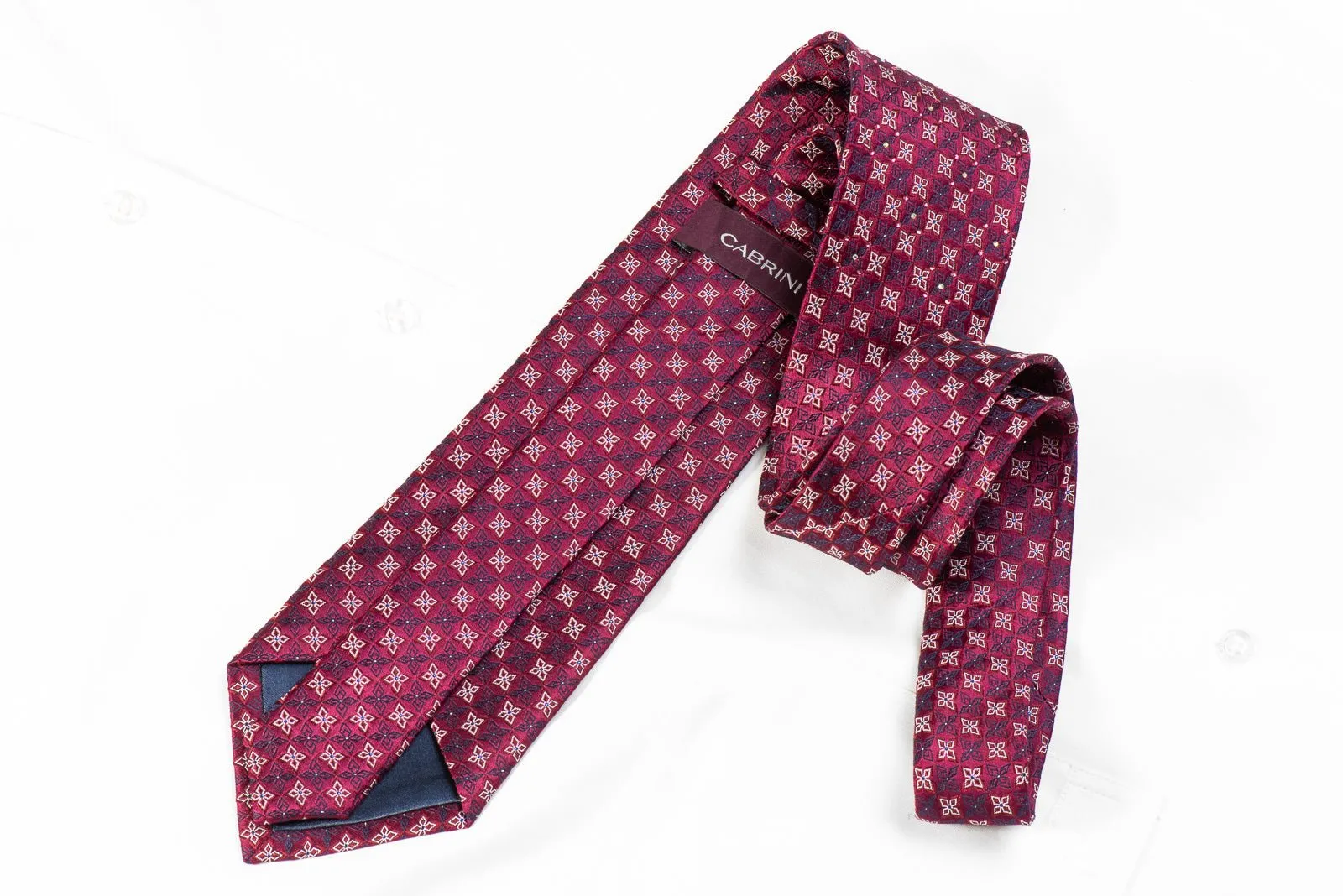 Cabrini Mens Crystal Rhinestone Silk Necktie Geometric On Burgundy With Sparkles