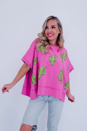 Cacti Sequin Embroidered Oversized Top - Pink