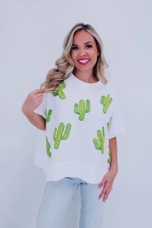 Cacti Sequin Embroidered Oversized Top - White