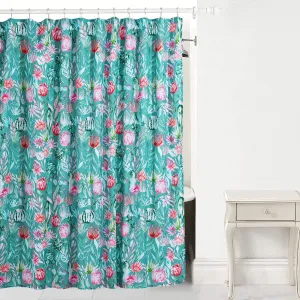 Cactus and Flower Floral Dusty Teal Bathroom Shower Curtain - Tropical Plant and Succulent Bathroom Theme Shower Curtain