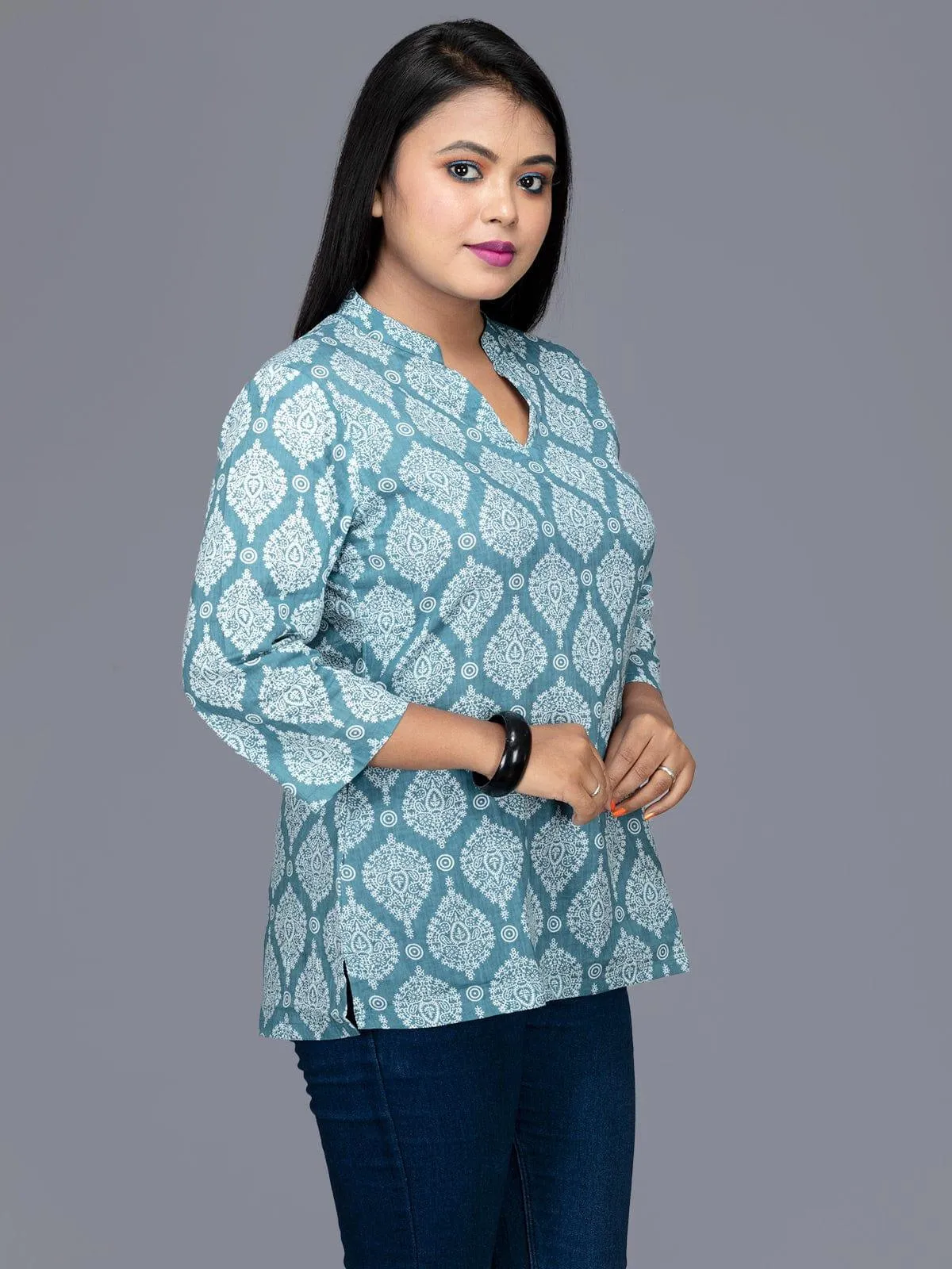 Cadet Blue Printed Cotton Top