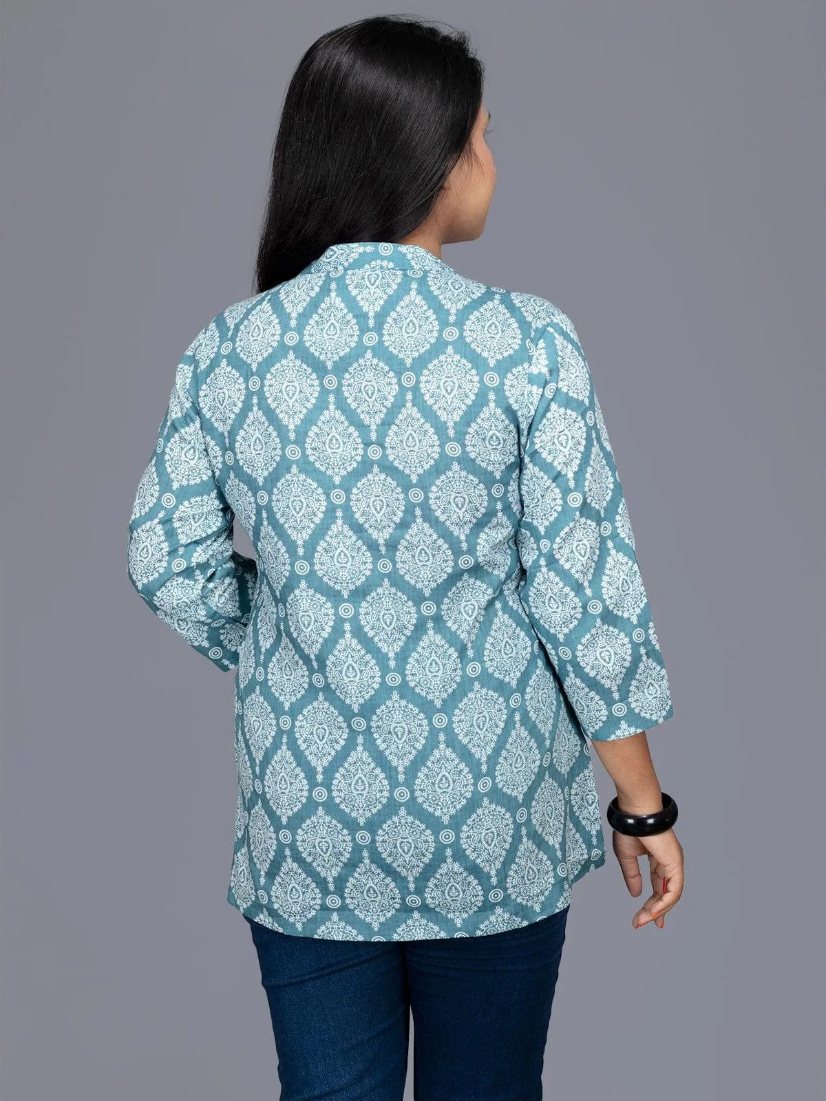 Cadet Blue Printed Cotton Top