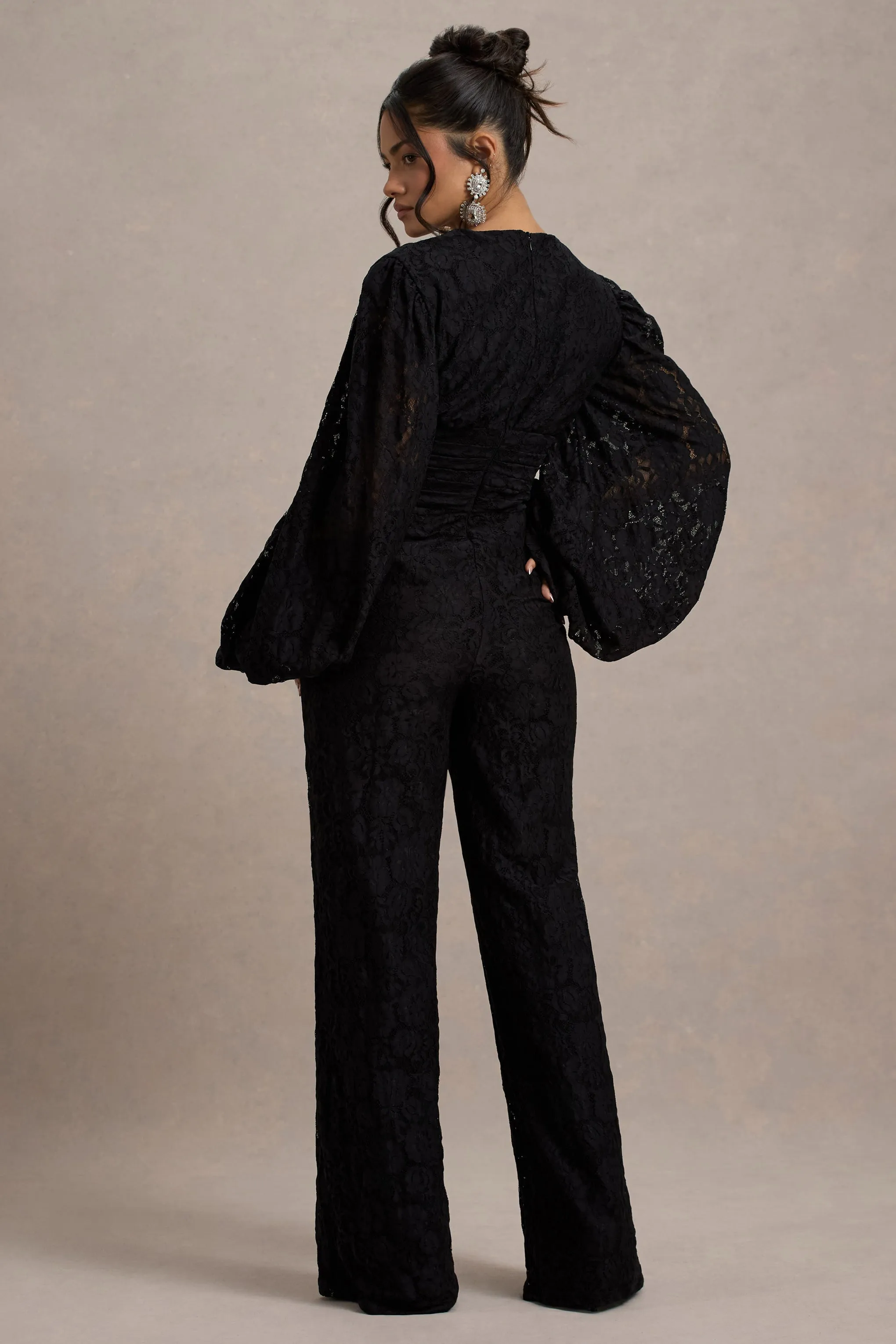 Calamina | Black Lace Plunge-Neck Wide-Leg Jumpsuit