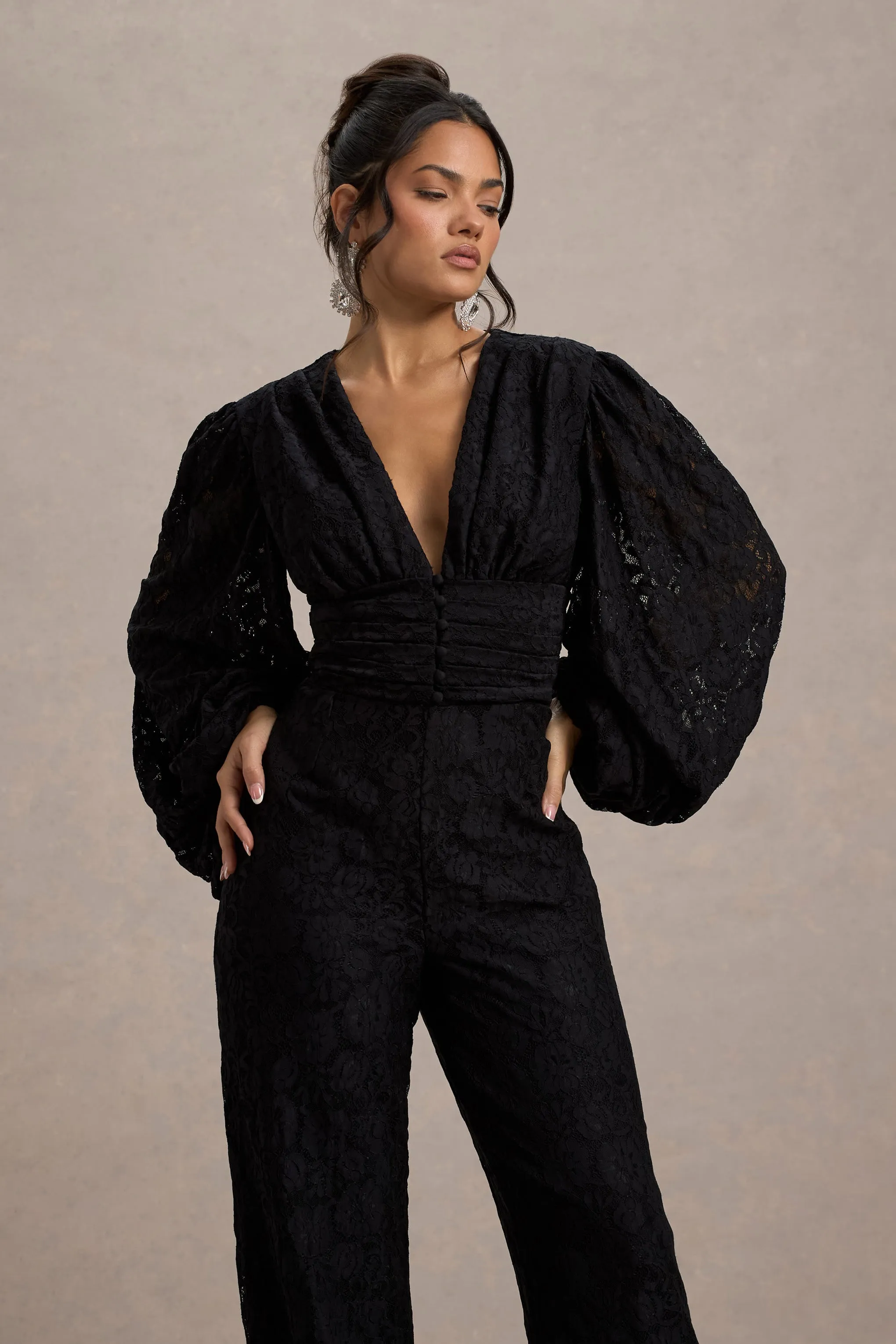 Calamina | Black Lace Plunge-Neck Wide-Leg Jumpsuit