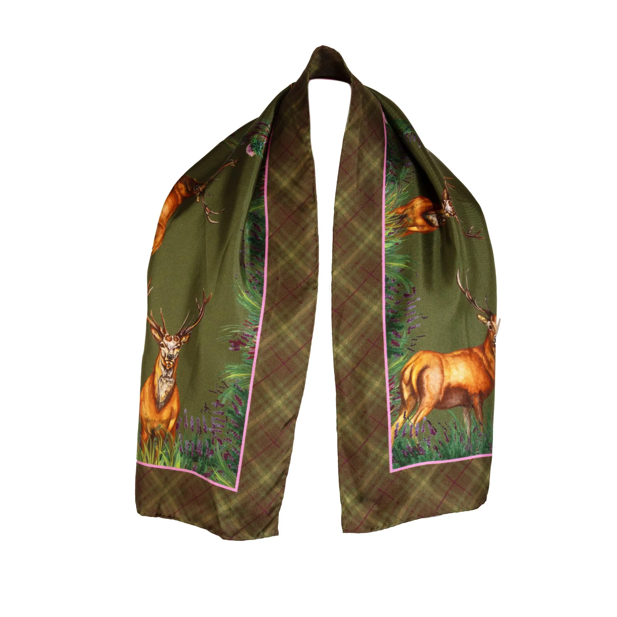 Caledonia Moss Green Narrow Pure Silk Scarf