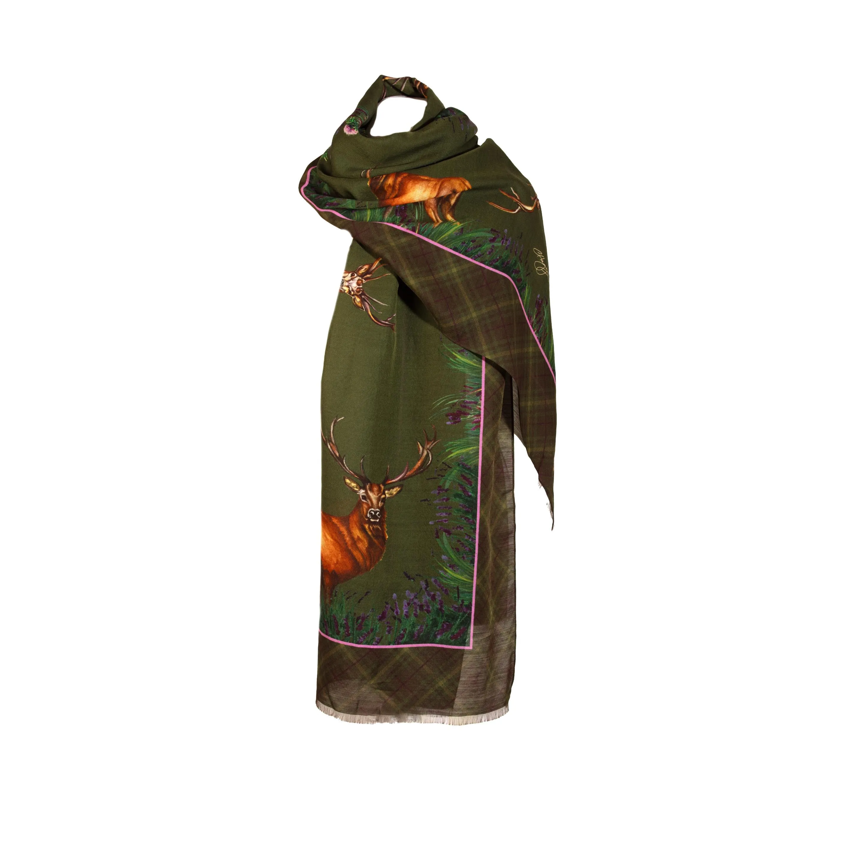 Caledonia Moss Green Wool Silk Wrap Scarf