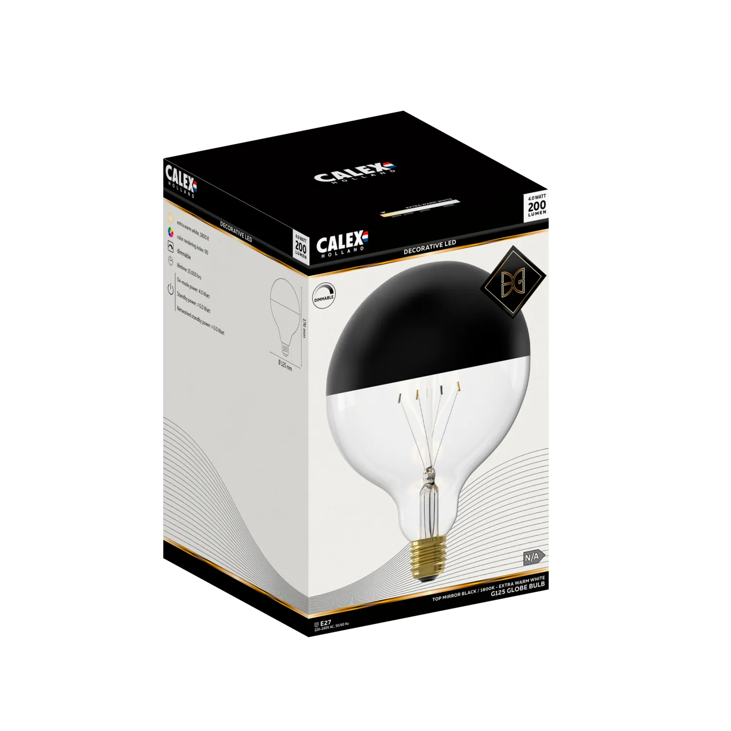 Calex Top Mirror Filament LED Lamp - E27 - G125 - Black - 4W - Dimmable