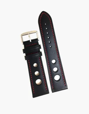 Calf Leather Watchbands Black with Red Stitching-LUX Grand Prix Rally