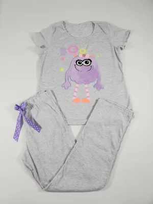 California Women's pajama set gray pants gray short sleeve shirt cute purple monster image