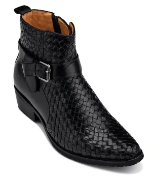 CALTO - K30523 - 3.3 Inches Taller (Black) - Woven High-Top Ankle Buckle Zipper Boots