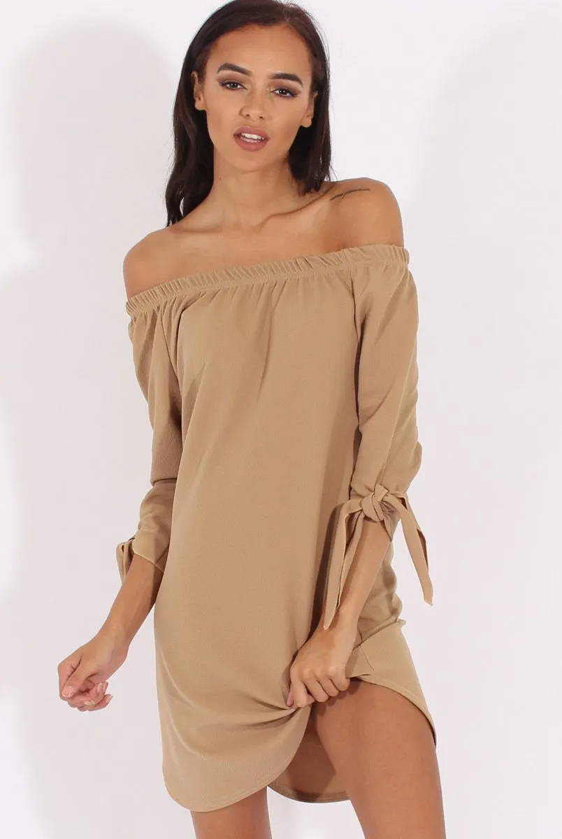 Camel Bardot Tie Cuffs Dress - Whitney