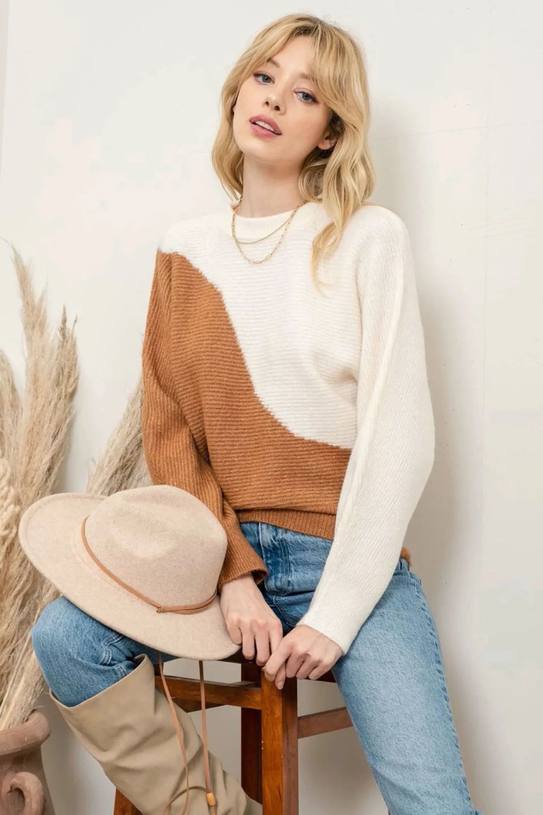 Camel   Ivory Wavy Sweater