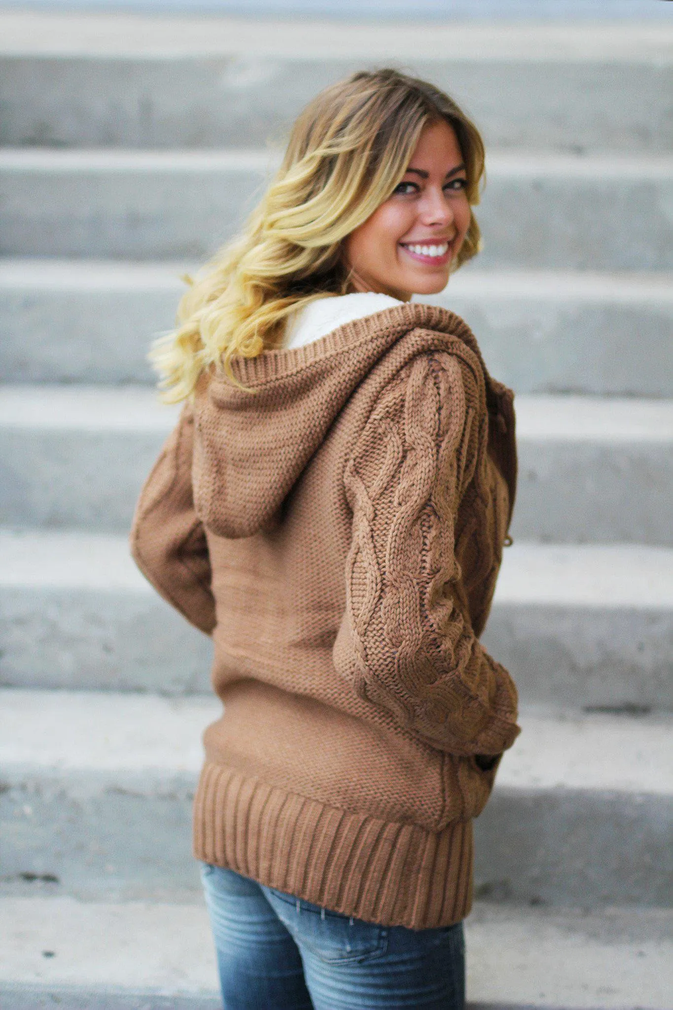 Camel Knit Hooded Sweater with Fur