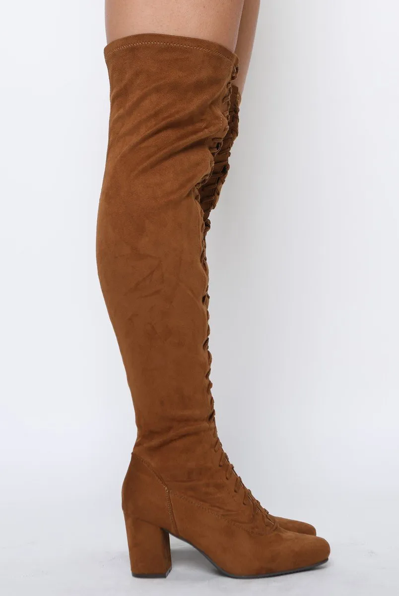 Camel Suede Front Lace Up Thigh High Boots - Nikita