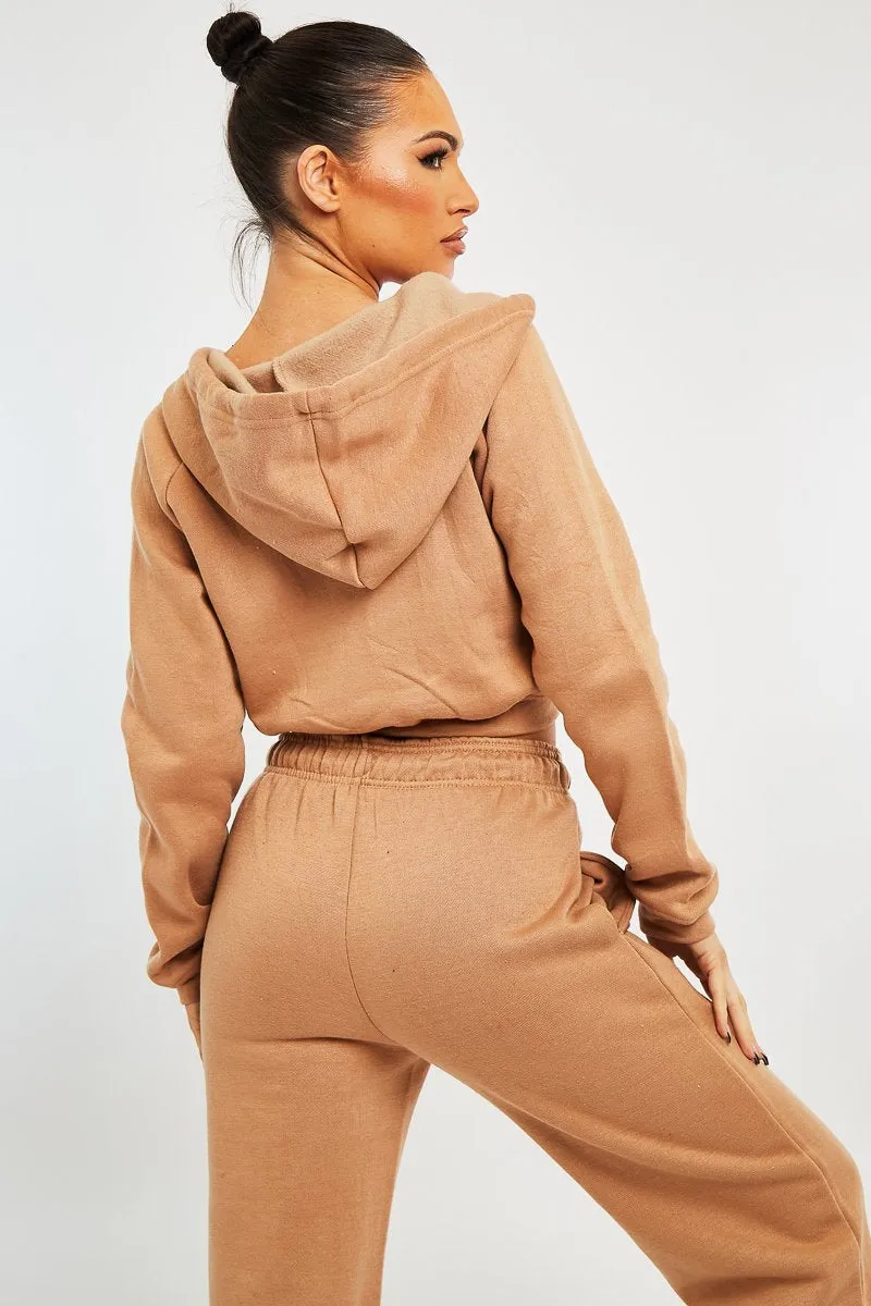 Camel Zip Up Cropped Hoodie - Skarlet