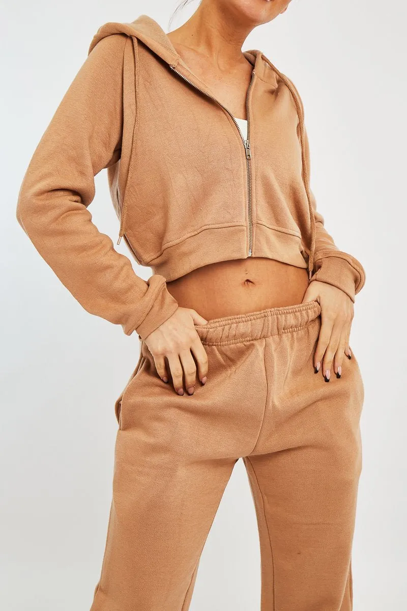 Camel Zip Up Cropped Hoodie - Skarlet