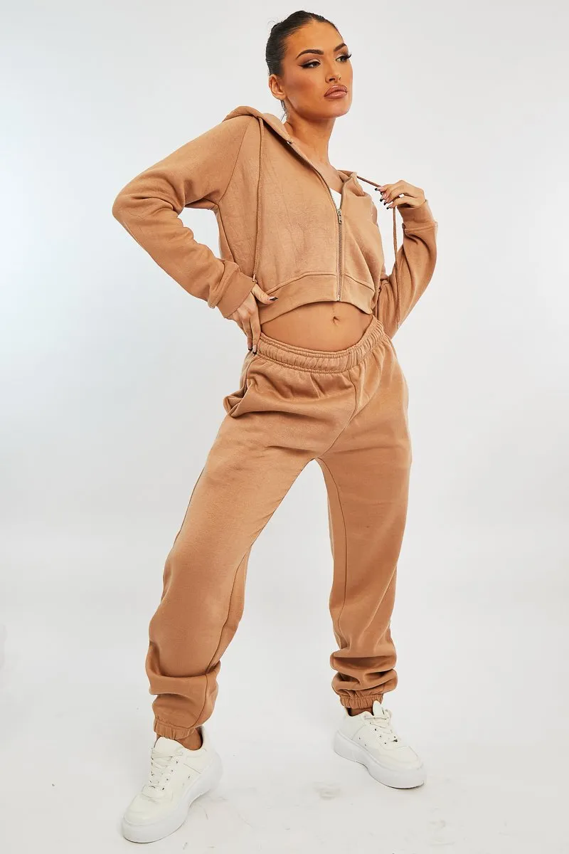 Camel Zip Up Cropped Hoodie - Skarlet