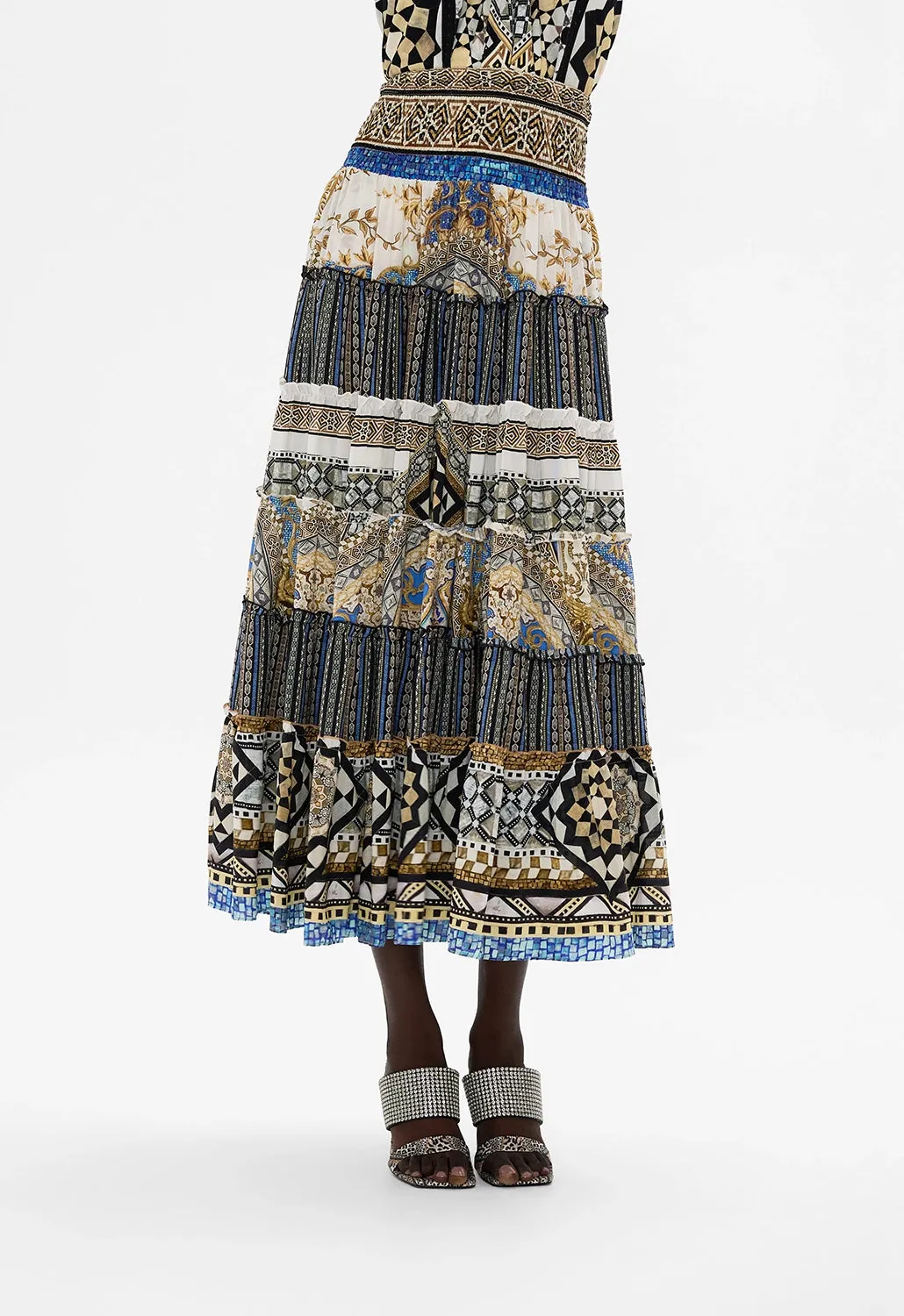 CAMILLA | MAKE ME YOUR MOSAIC SHIRRED WAIST TIERED CIRCLE SKIRT