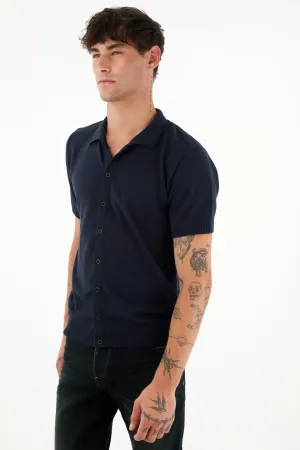 Camisa tipo polo tejida azul para hombre