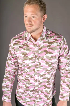 Camouflage Pink Print Cotton Slim Fit Mens Shirt Long Sleeve