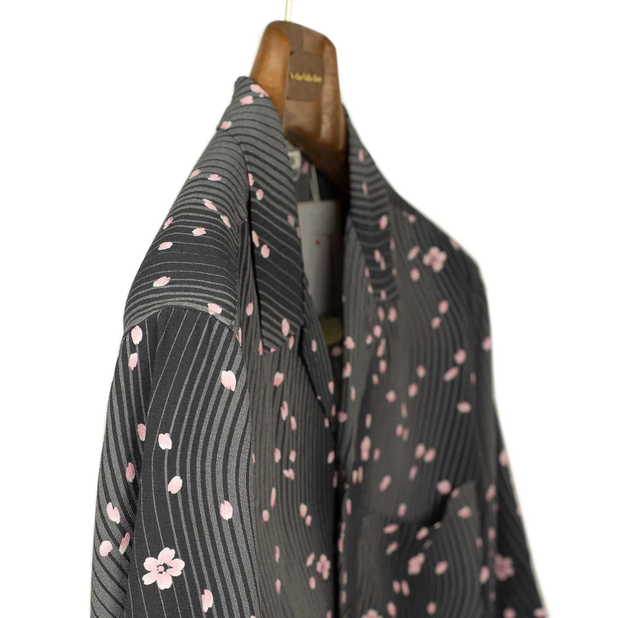 Camp collar shirt in Minamo Sakura printed grey rayon crepe