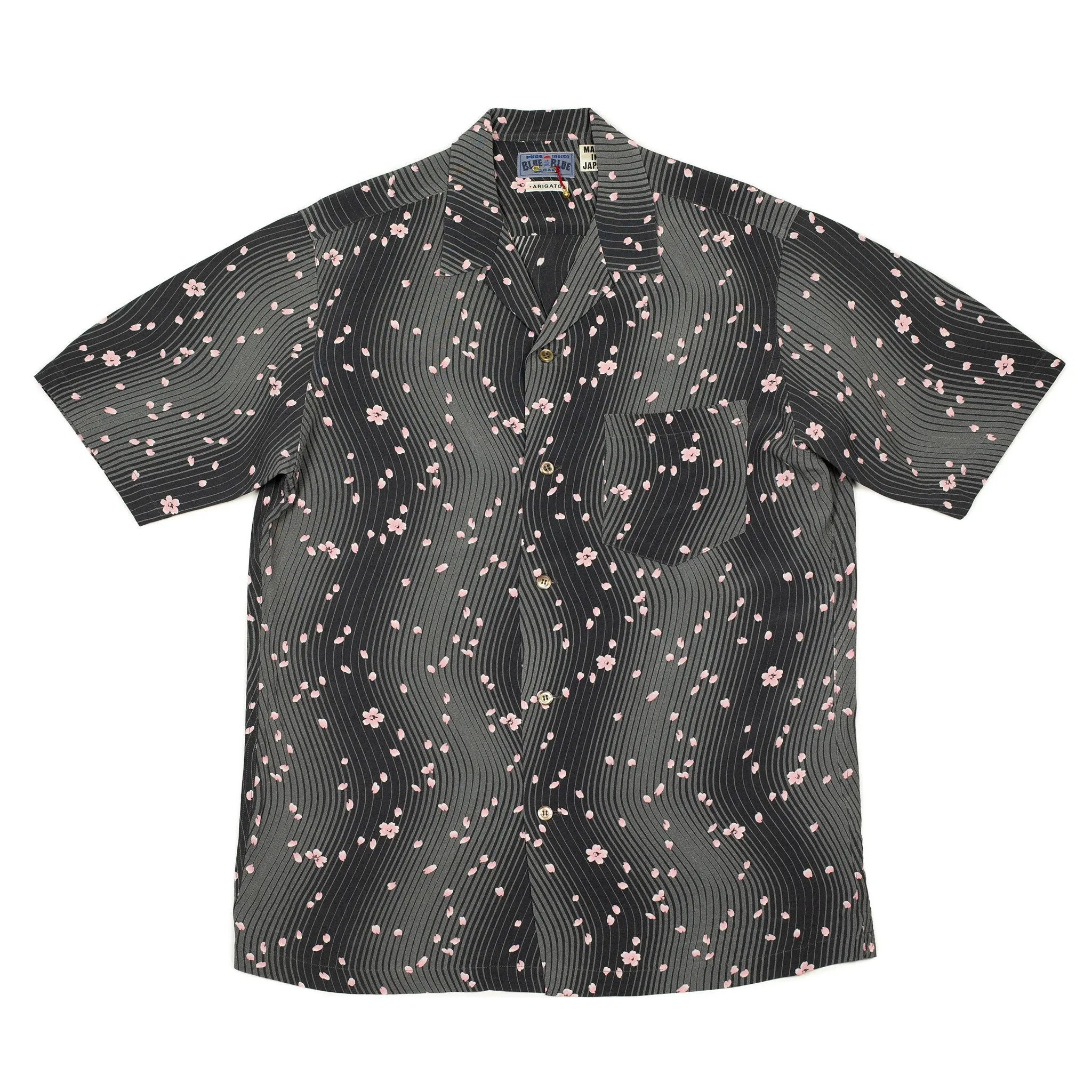 Camp collar shirt in Minamo Sakura printed grey rayon crepe