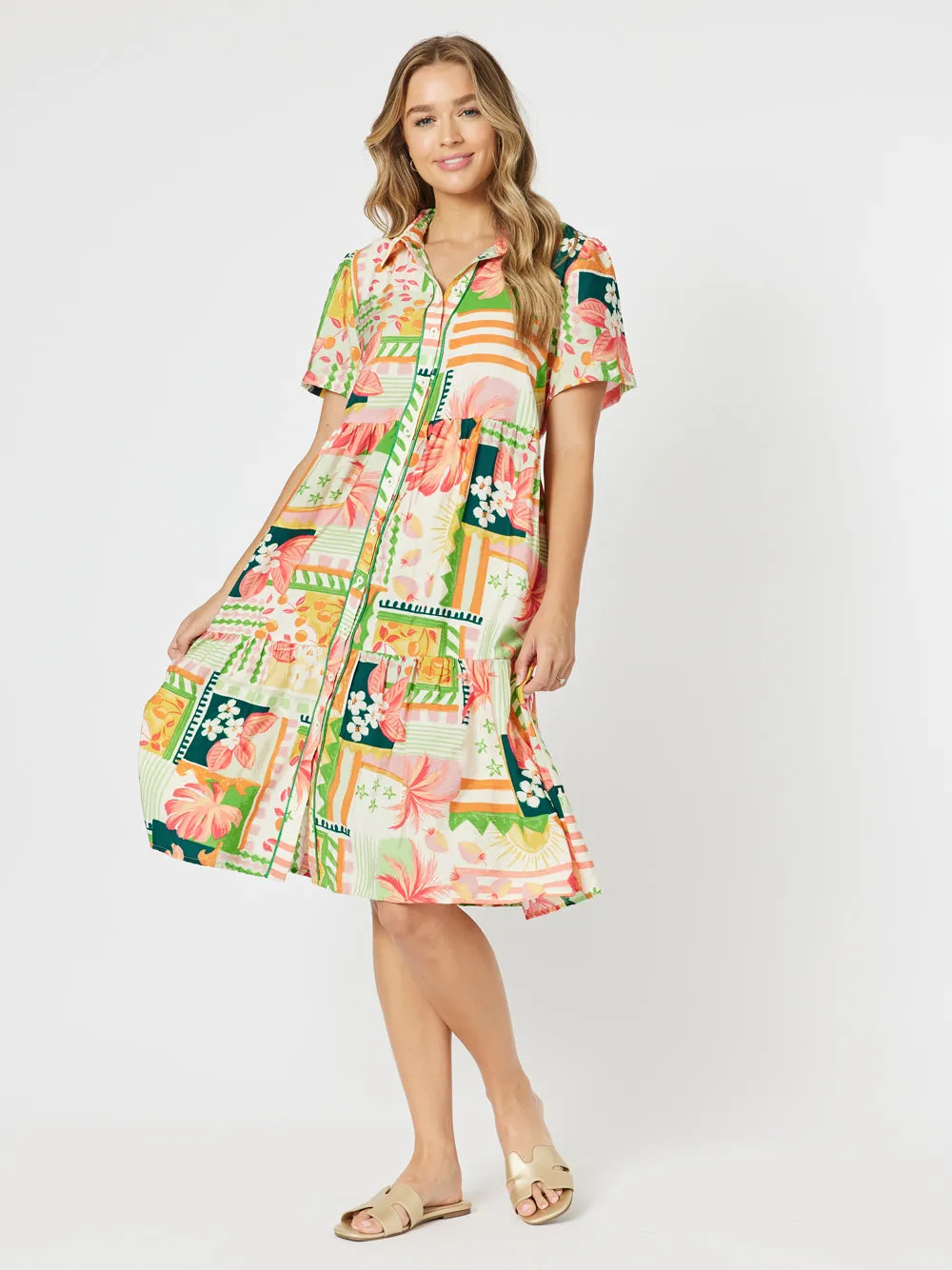 Cancun Button Front Floral Dress - Multi