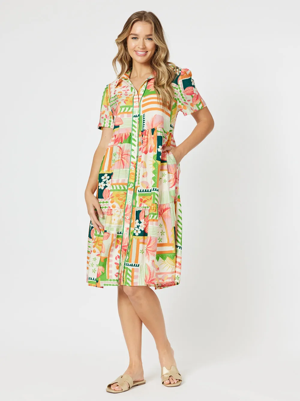 Cancun Button Front Floral Dress - Multi