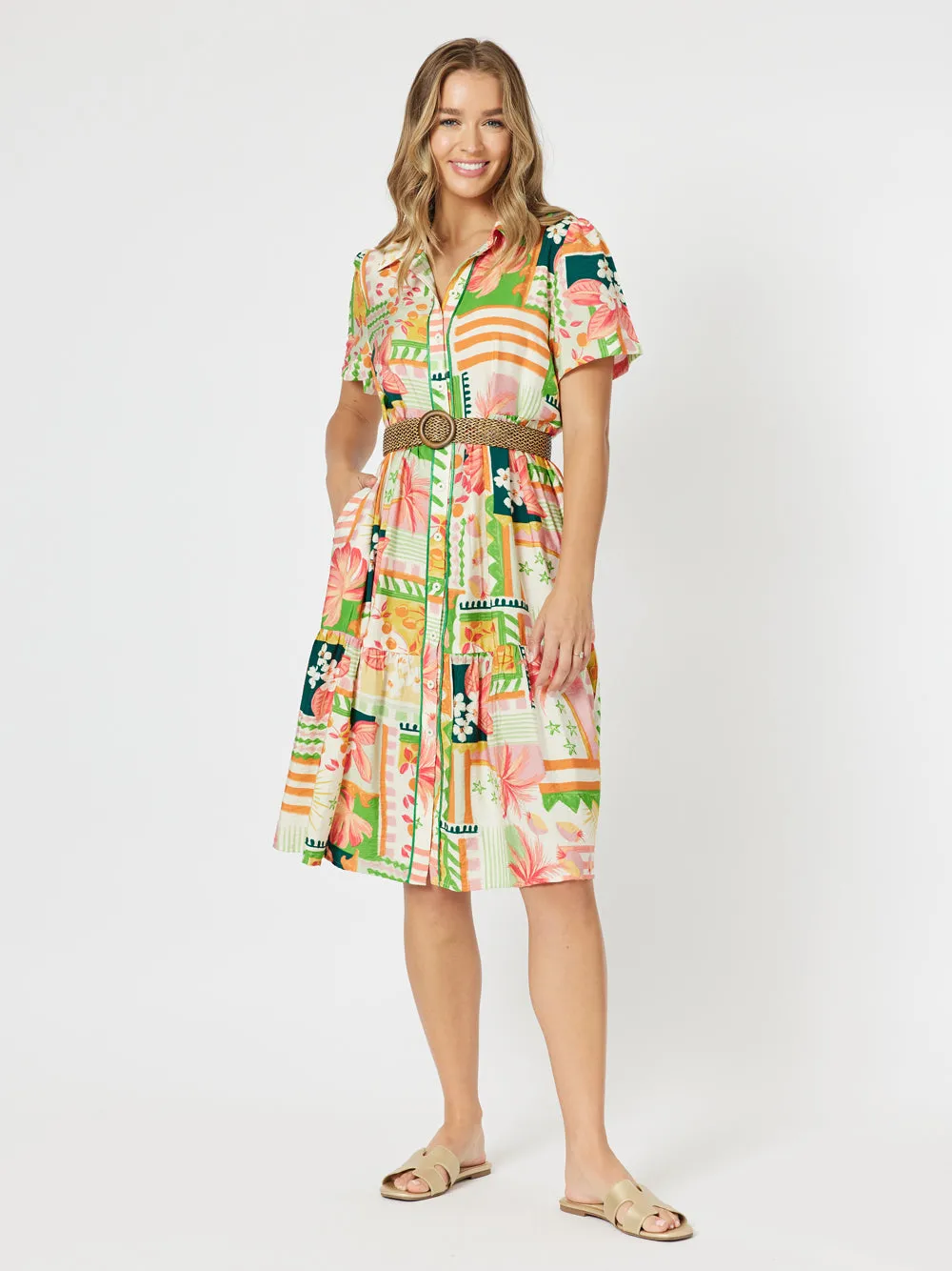 Cancun Button Front Floral Dress - Multi