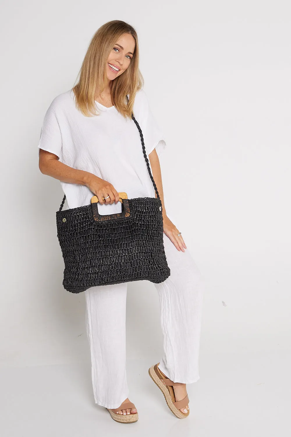 Cancun Raffia Handbag - Black