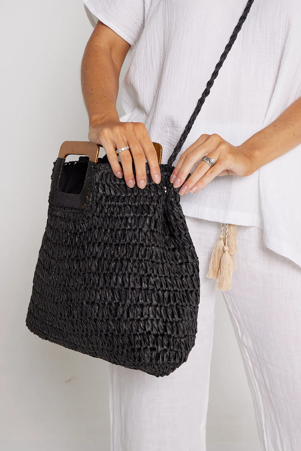 Cancun Raffia Handbag - Black