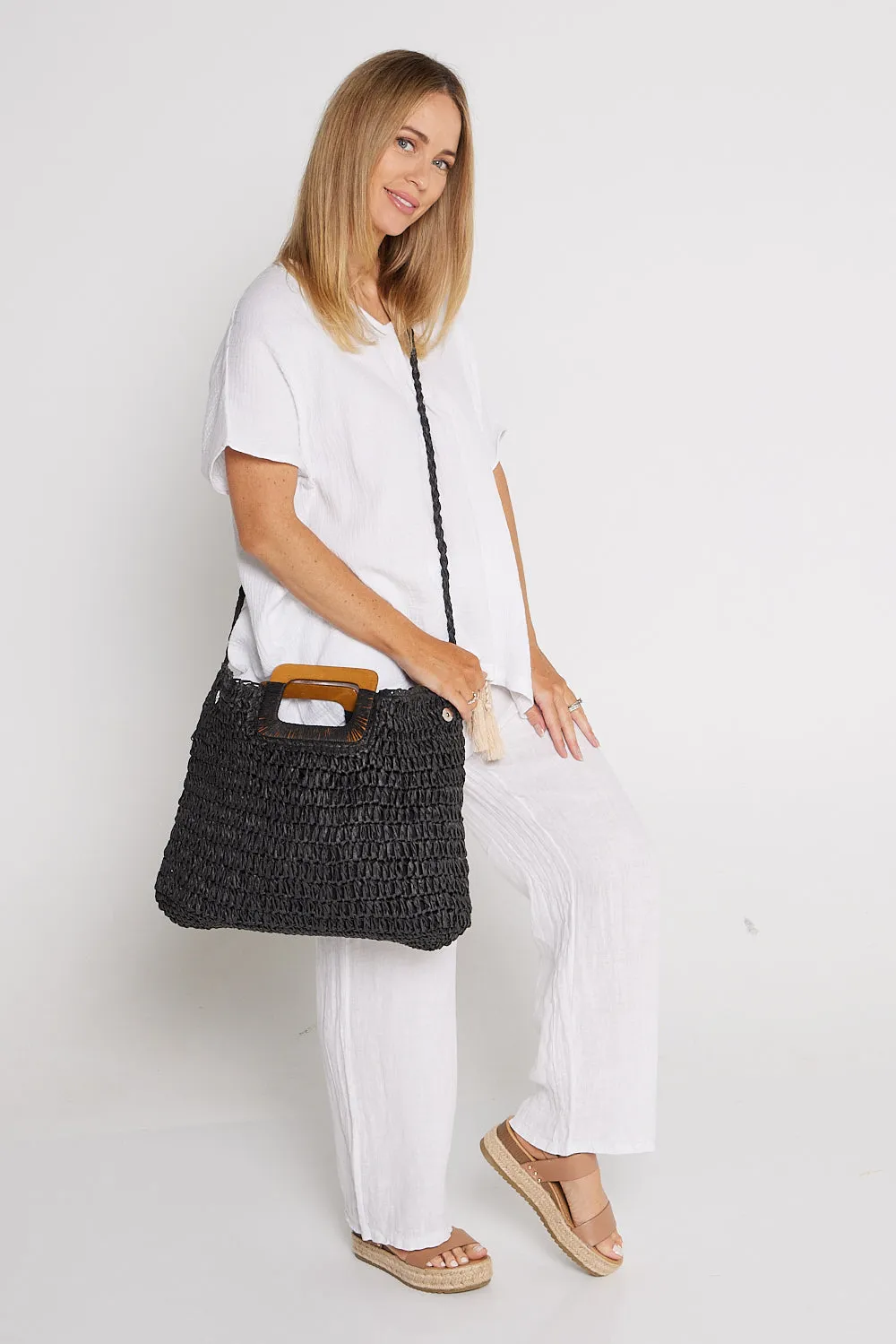 Cancun Raffia Handbag - Black