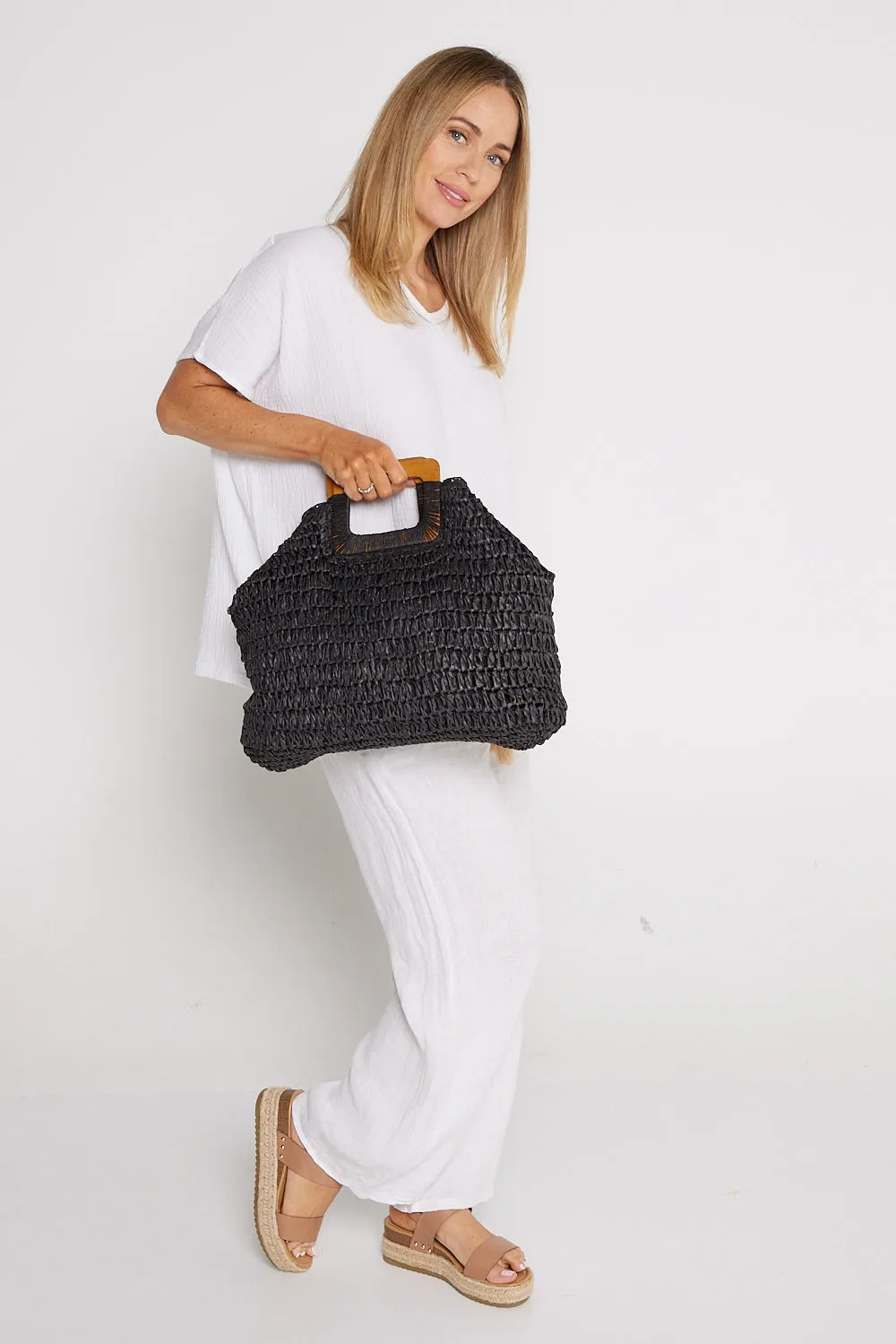 Cancun Raffia Handbag - Black