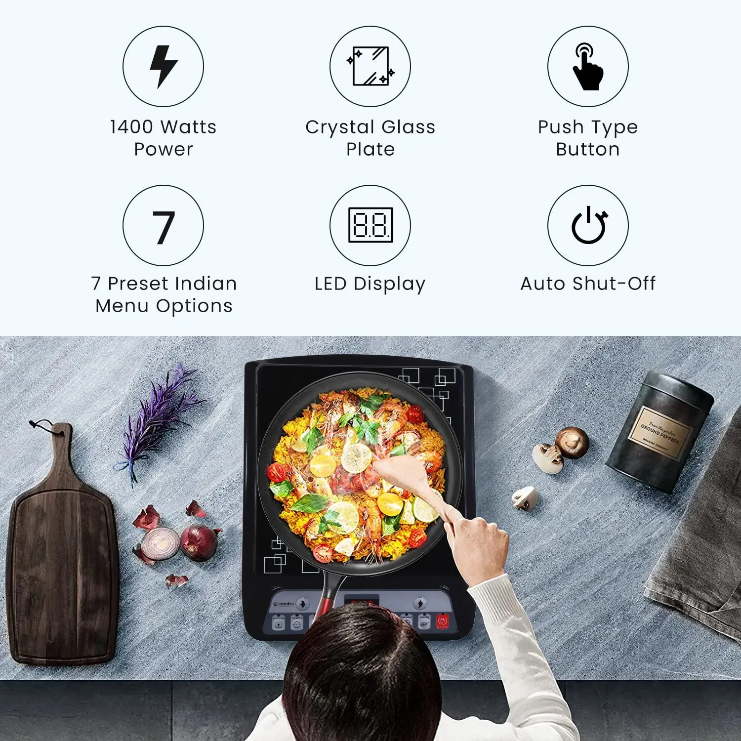 Candes Platino 1400W Induction Cooktop (Black, Push Button)