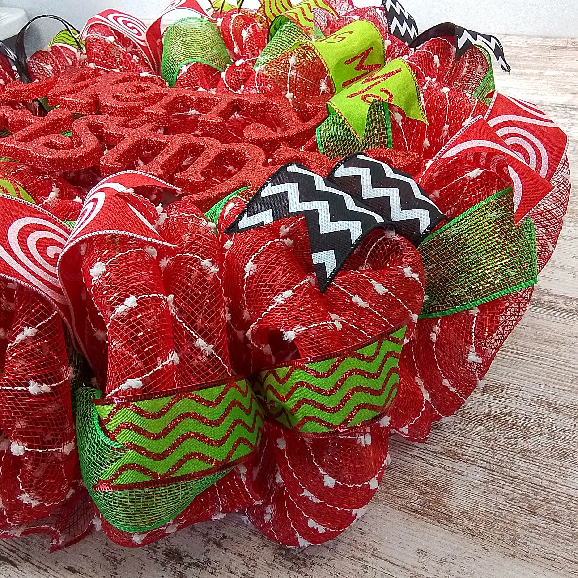 Candy Cane Whimsical Christmas Wreath | Red White Black Lime Green