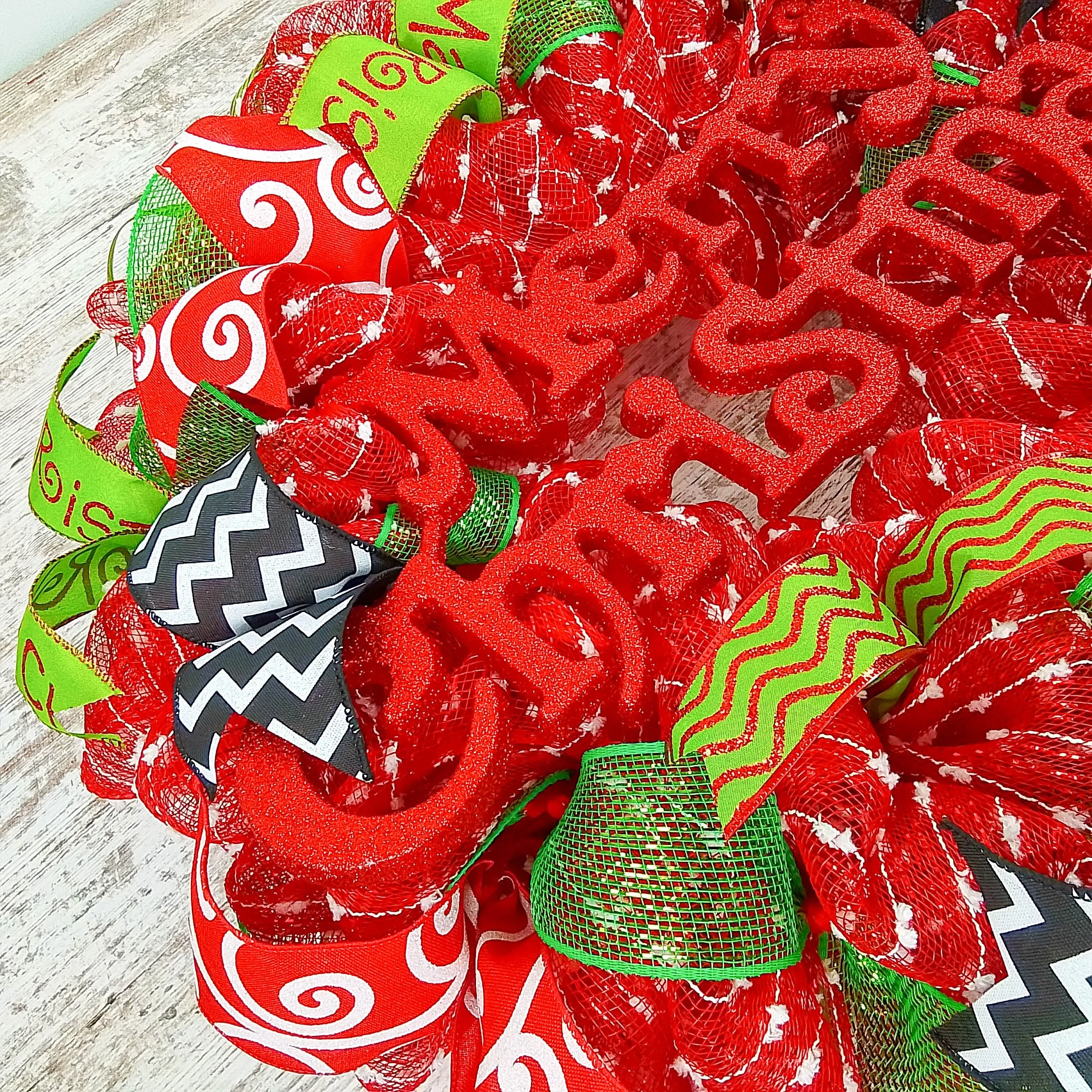 Candy Cane Whimsical Christmas Wreath | Red White Black Lime Green