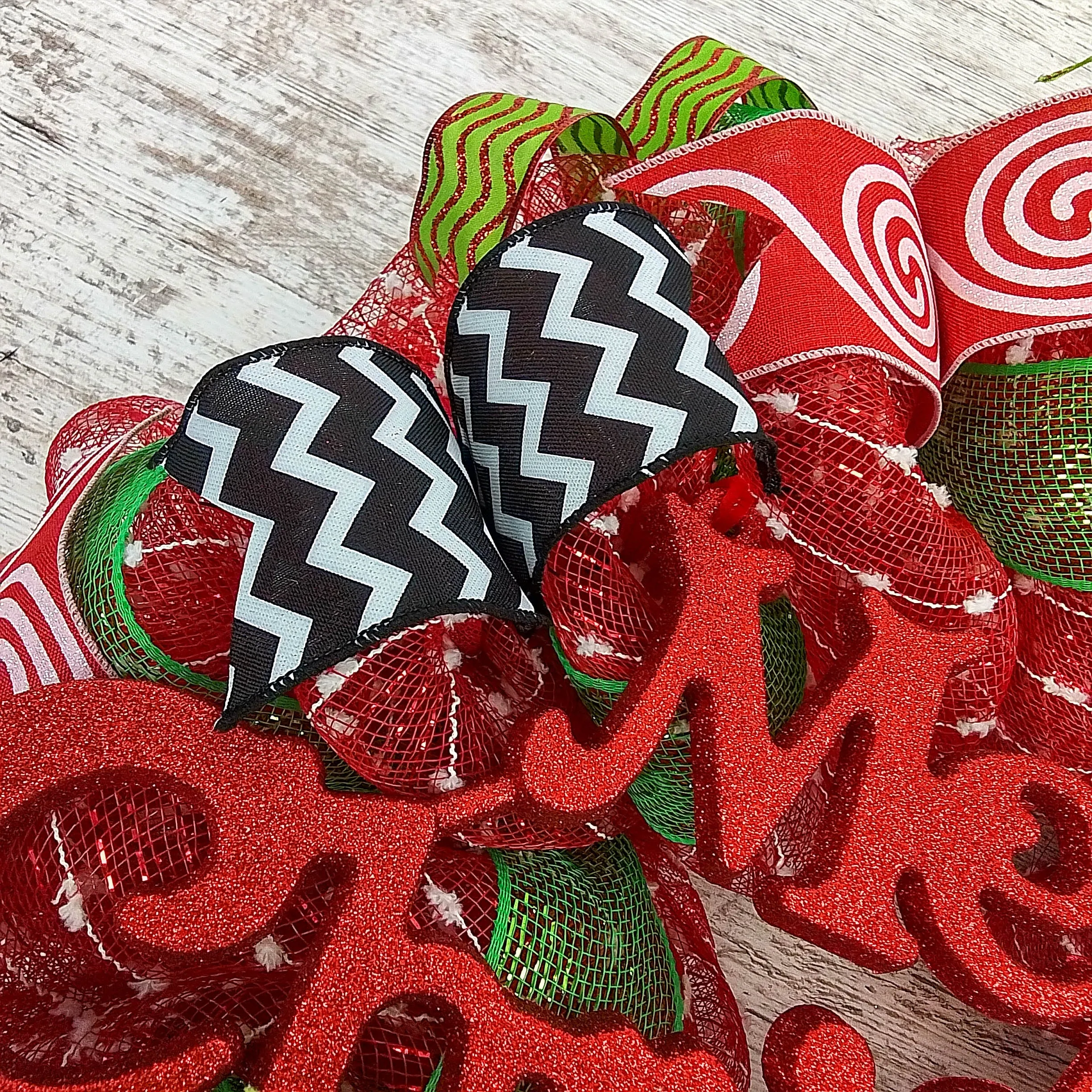 Candy Cane Whimsical Christmas Wreath | Red White Black Lime Green