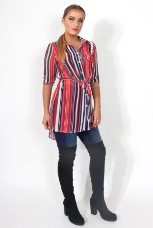 Candy Red Sheer Stripe Tie Waist Shirt