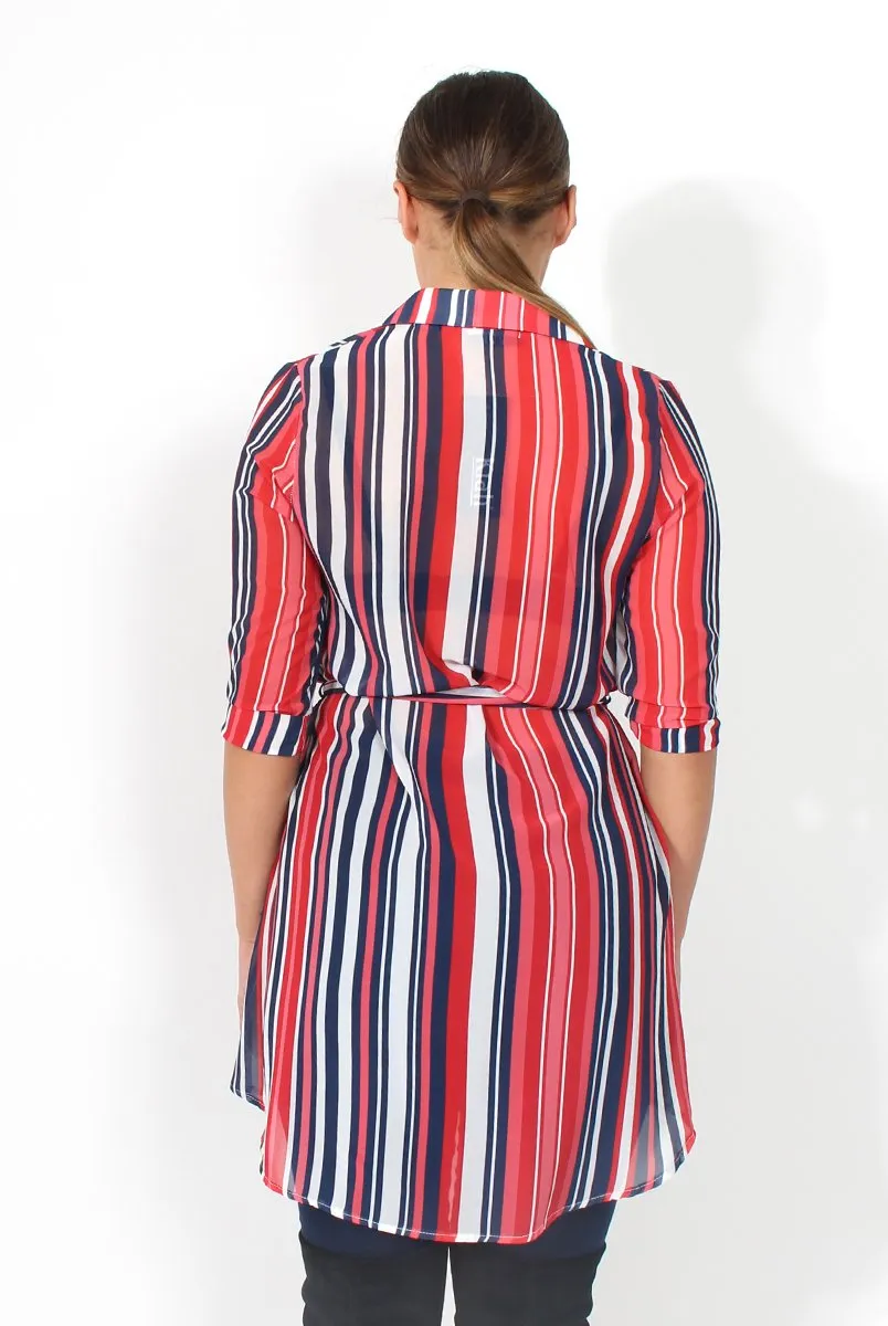 Candy Red Sheer Stripe Tie Waist Shirt