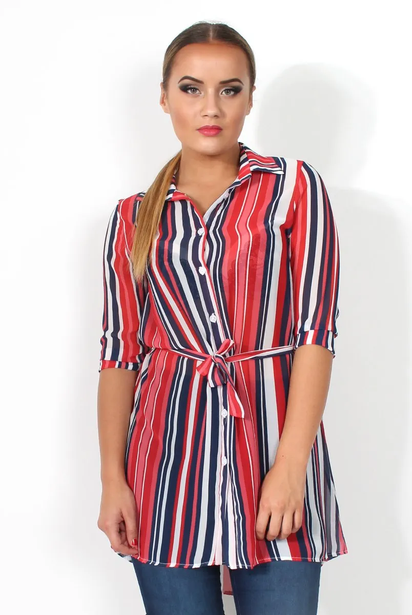 Candy Red Sheer Stripe Tie Waist Shirt