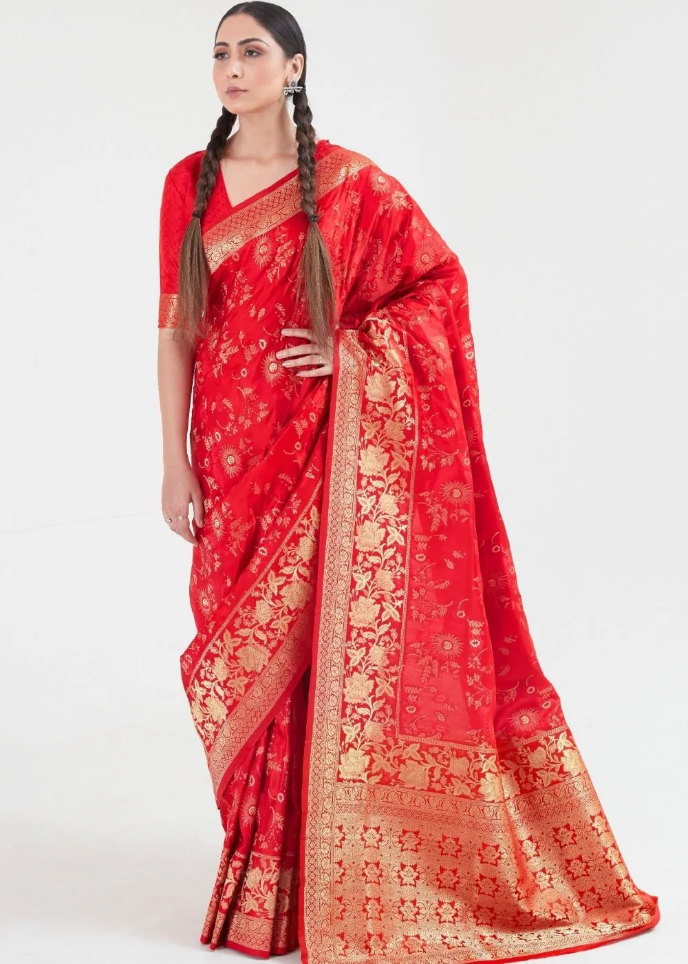 Candy Red Zari Woven Banarasi Silk Saree