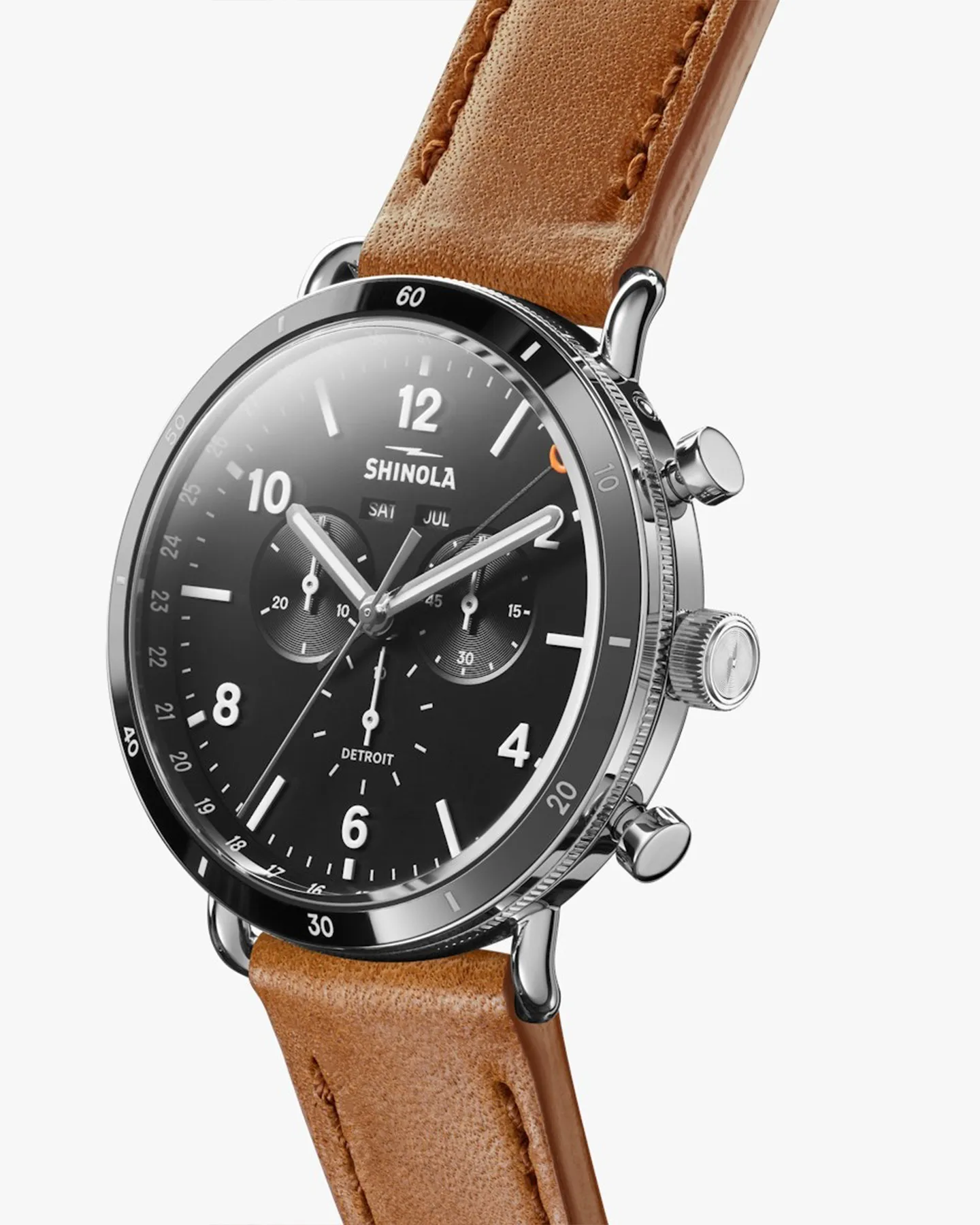 CANFIELD 45MM SPORT WATCH WITH BLACK FACE AND BOURBON LEATHER STRAP