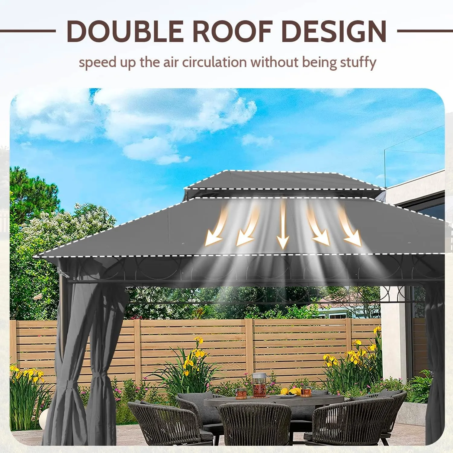 Canopy Gazebo 10 X 13 FT Double Vent Gazebo Tent UV Protection Outdoor Gazebo Canopy with Double Roof 4 Sidewalls Curtains Zippers for Patio Garden Backyard, Grey