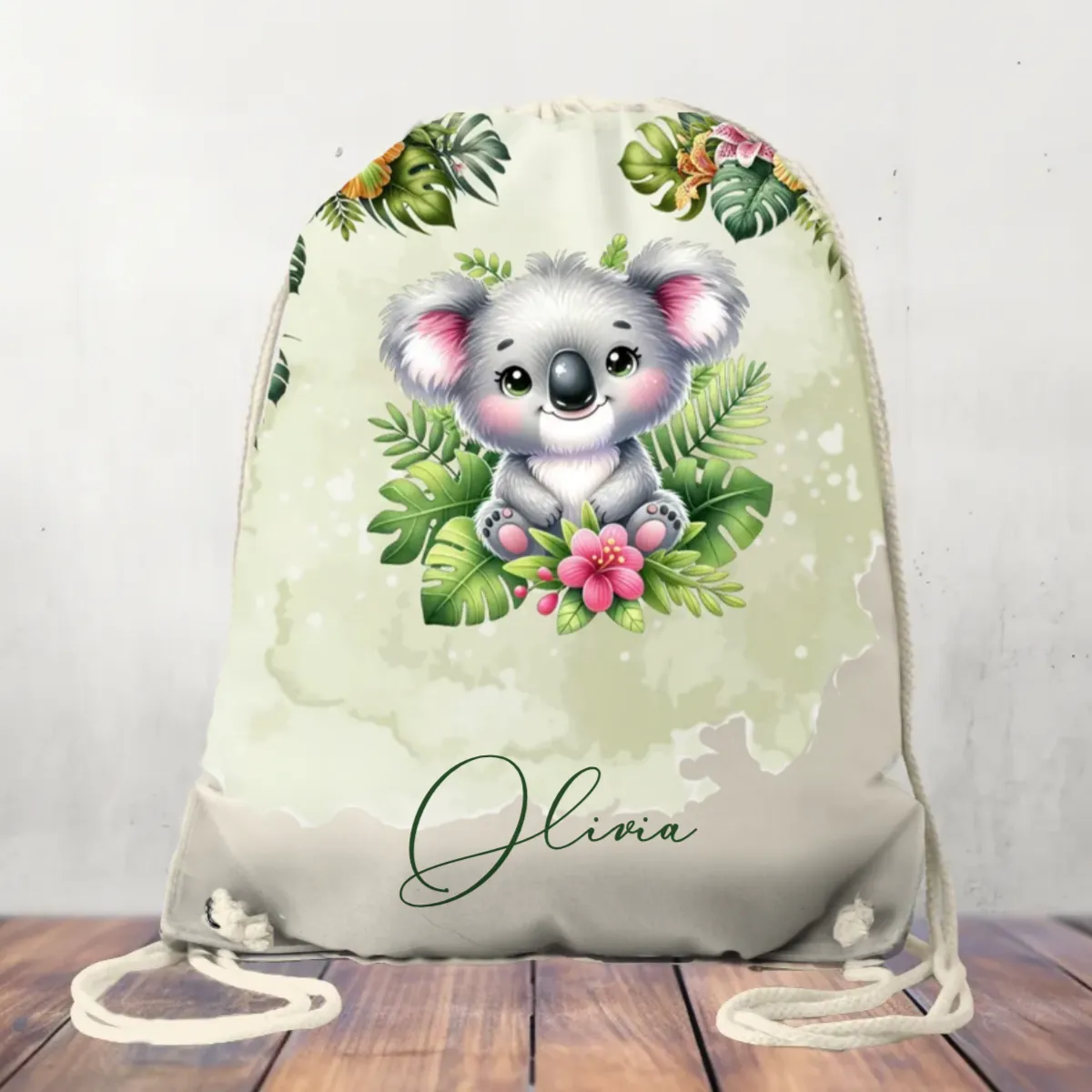 Canvas Drawstring Bag Personalised Tropical Koala