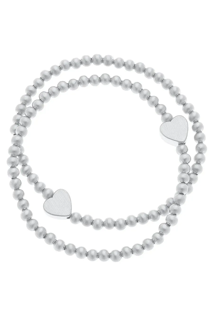 Canvas Isa Heart Ball Bead Stretch Bracelet Stack in Silver