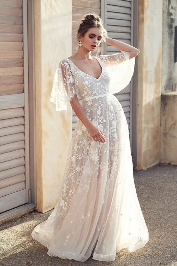 Cap Sleeve Beach Wedding Dress With Lace Appliques